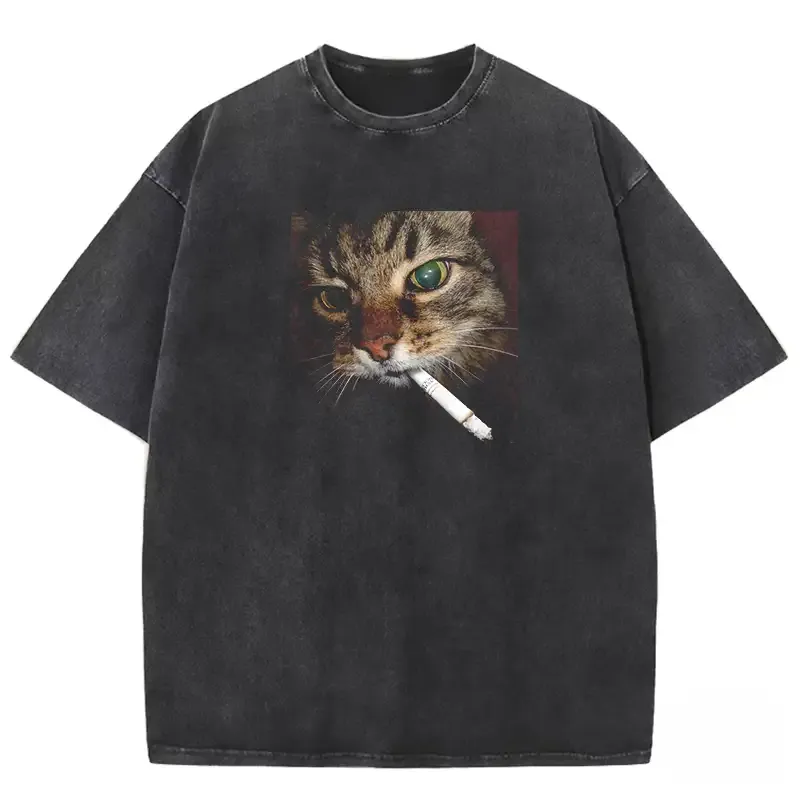 Washed T-shirt featuring a cool smoking cat graphic, perfect for casual and trendy outfits.