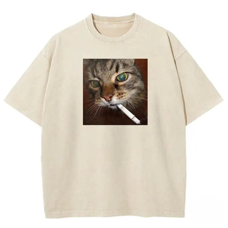 Washed T-shirt featuring a playful smoking cat graphic, perfect for casual outfits and cat lovers.