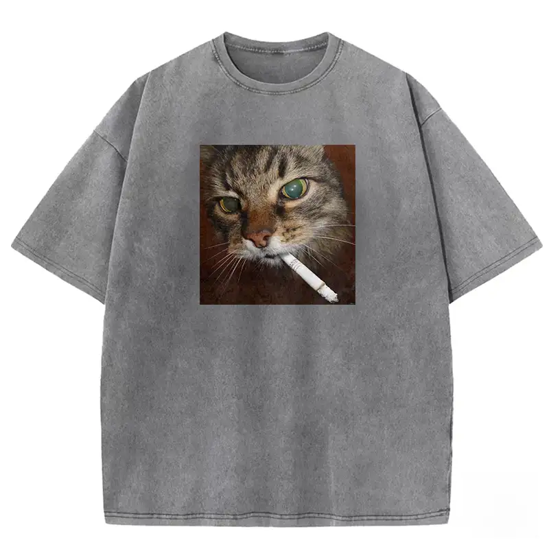 Washed T-shirt featuring a quirky smoking cat print, perfect for casual wear and cat lovers.