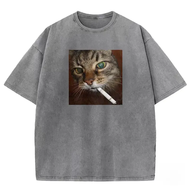 Washed T-shirt featuring a quirky smoking cat print, perfect for casual wear and cat lovers.