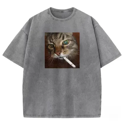 Washed T-shirt featuring a quirky smoking cat print, perfect for casual wear and cat lovers.