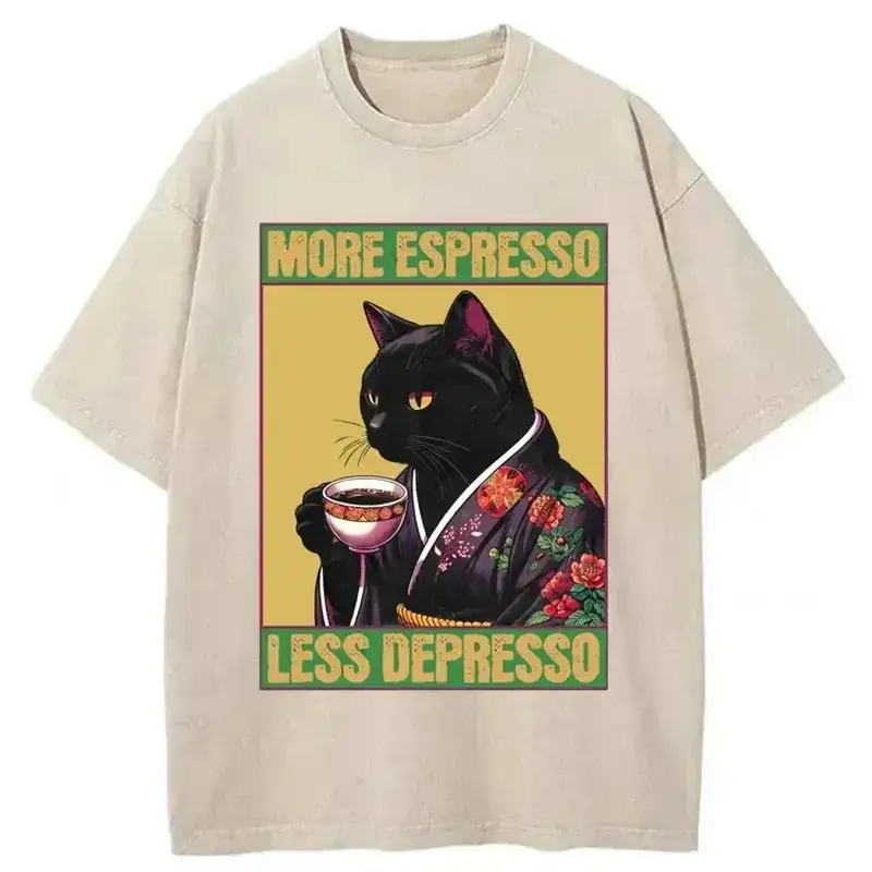 Cute cat drinking coffee on a soft, washed T-Shirt, perfect for casual wear and coffee lovers.