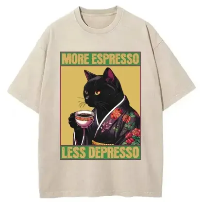 Cute cat drinking coffee on a soft, washed T-Shirt, perfect for casual wear and coffee lovers.