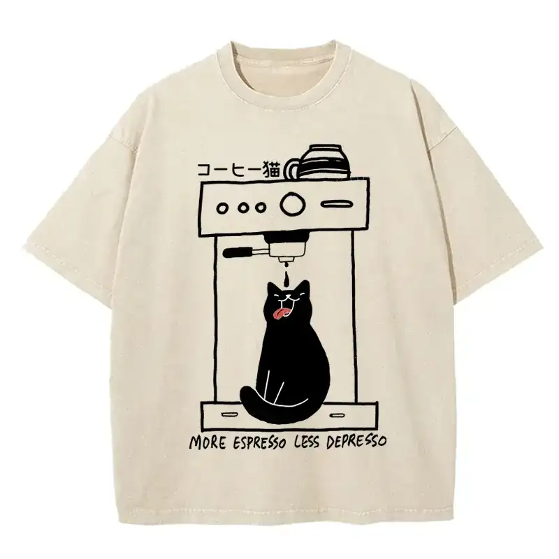 MORE ESPRESSO LESS DEPRESSO washed cotton t-shirt in soft pastel color, perfect for casual wear and coffee lovers.