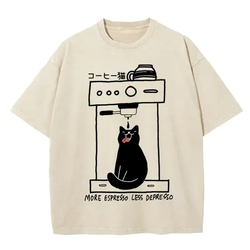 MORE ESPRESSO LESS DEPRESSO washed cotton t-shirt in soft pastel color, perfect for casual wear and coffee lovers.