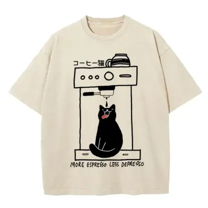 MORE ESPRESSO LESS DEPRESSO washed cotton t-shirt in soft pastel color, perfect for casual wear and coffee lovers.