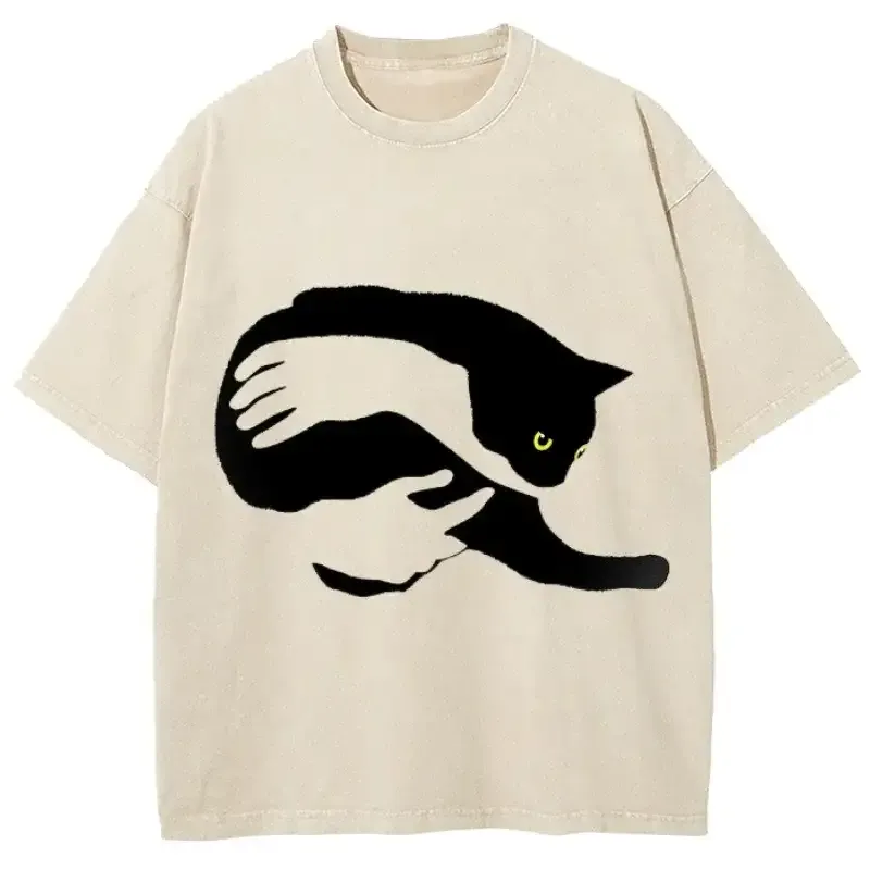 Soft cotton Cuddle my Cat washed t-shirt in vintage style, perfect for cat lovers and casual wear.