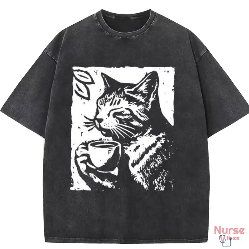 Washed T-shirt featuring a cute cat enjoying coffee, perfect for cat lovers and casual wear.