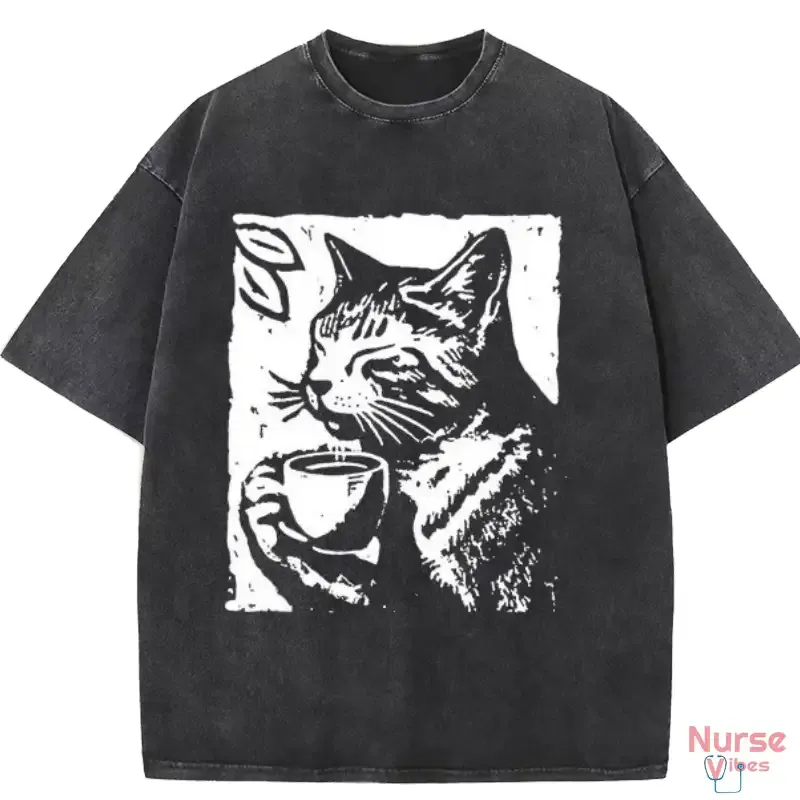 Washed T-shirt featuring a cute cat enjoying coffee, perfect for cat lovers and casual wear.