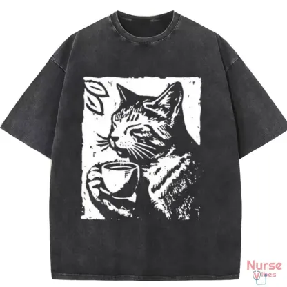 Washed T-shirt featuring a cute cat enjoying coffee, perfect for cat lovers and casual wear.