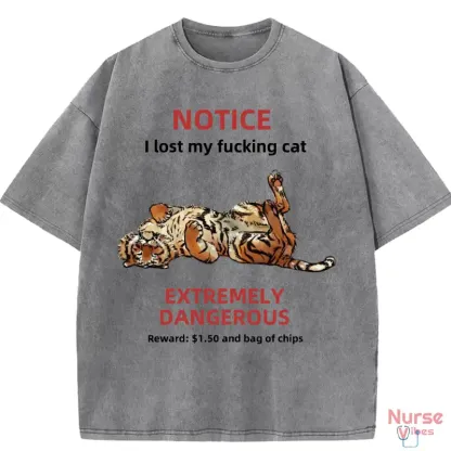 I Lost My Cat Washed T-shirt, soft cotton tee featuring a humorous cat-themed graphic, perfect for cat lovers.