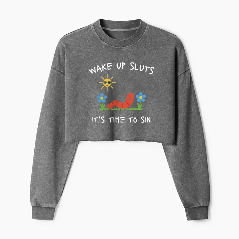 Wake up Cute Children's Drawings Washed Crop Sweatshirt