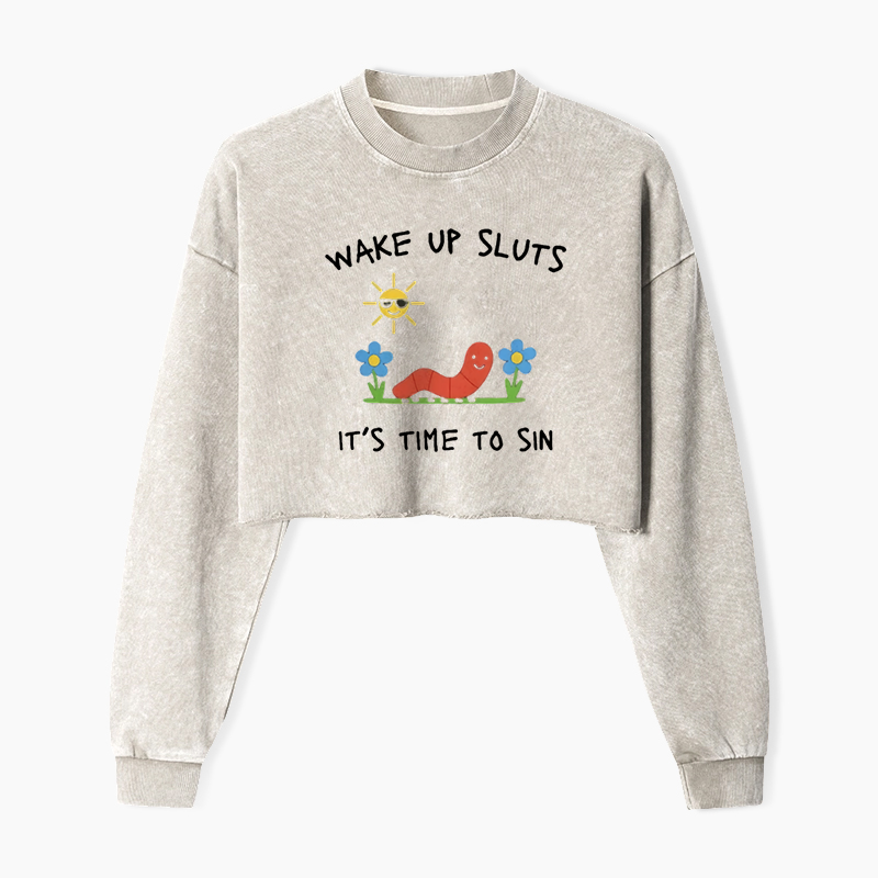 Wake up Cute Children's Drawings Washed Crop Sweatshirt