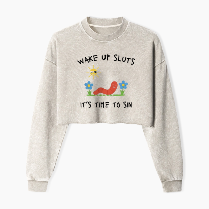 Wake up Cute Children's Drawings Washed Crop Sweatshirt