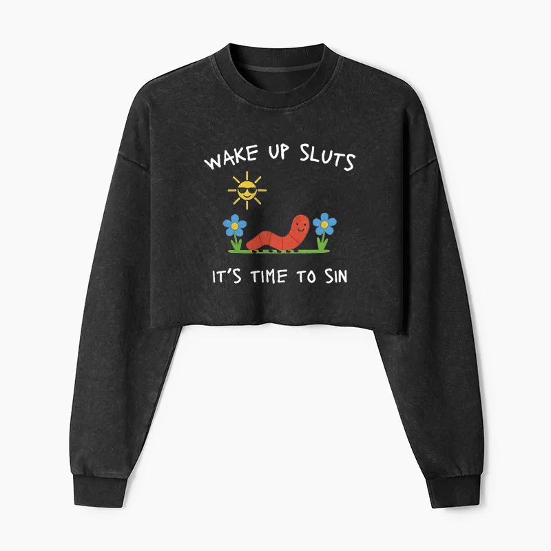 Wake up Cute Children's Drawings Washed Crop Sweatshirt