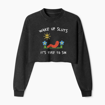Wake up Cute Children's Drawings Washed Crop Sweatshirt