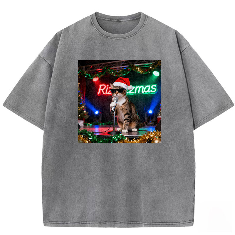 The cat singing while wearing a Santa hat Washed T-shirt
