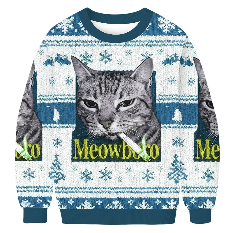 Smoking Meowboro Cat Ugly Christmas Sweatshirt