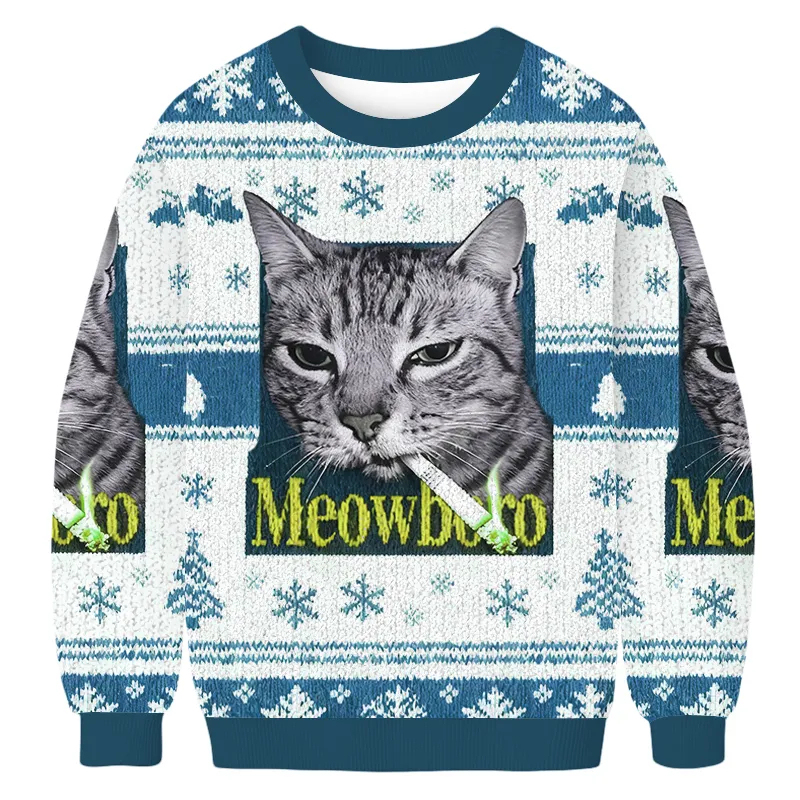 Smoking Meowboro Cat Ugly Christmas Sweatshirt