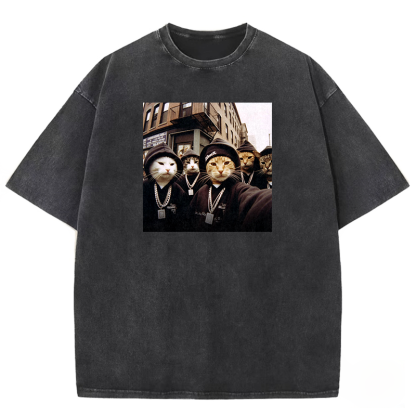 Hip-Hop Purr-crew Washed T-shirt