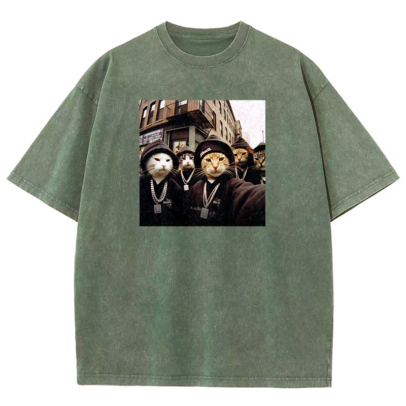 Hip-Hop Purr-crew Washed T-shirt