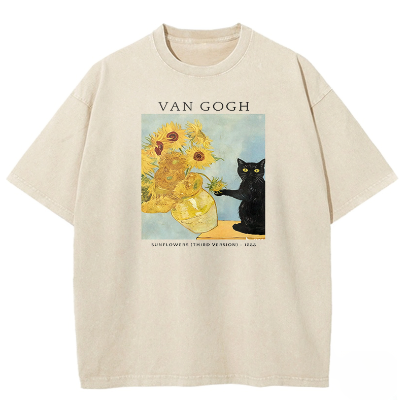 Playful Cat Meets Van Gogh Sunflowers Washed T-shirt