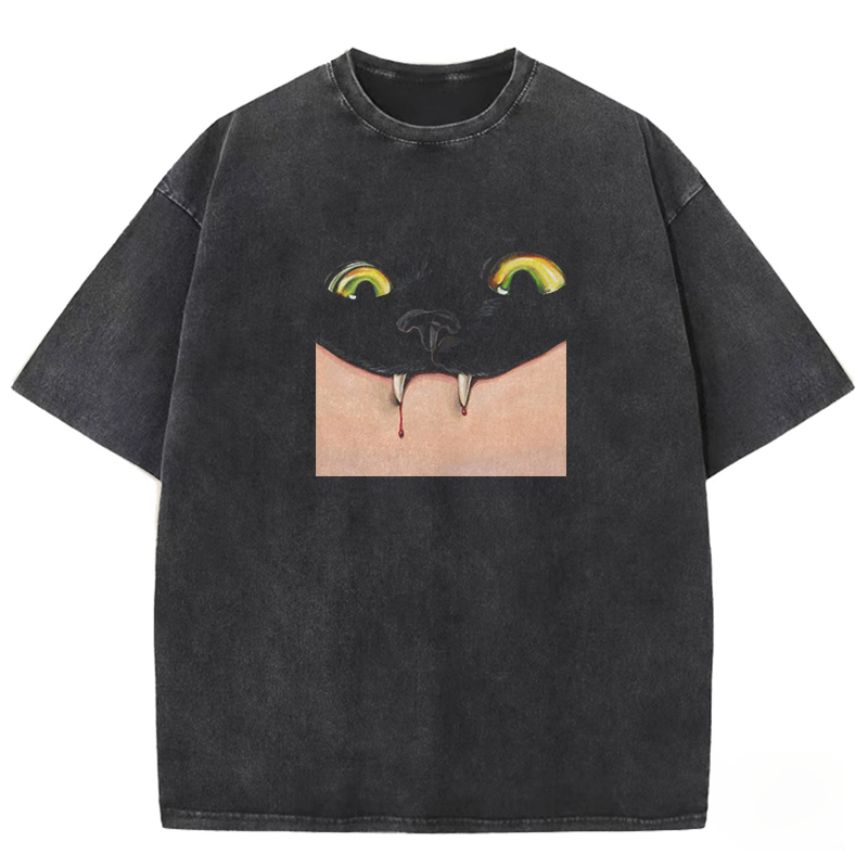 Vampire Cat Fangs Washed T-shirt