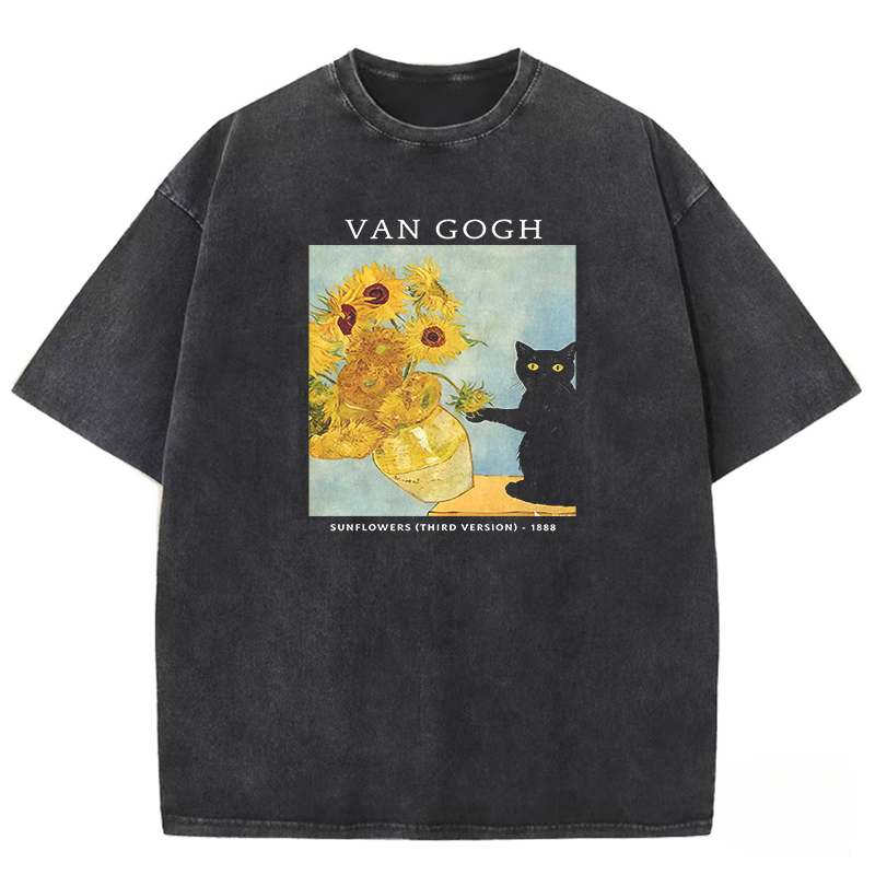 Playful Cat Meets Van Gogh Sunflowers Washed T-shirt