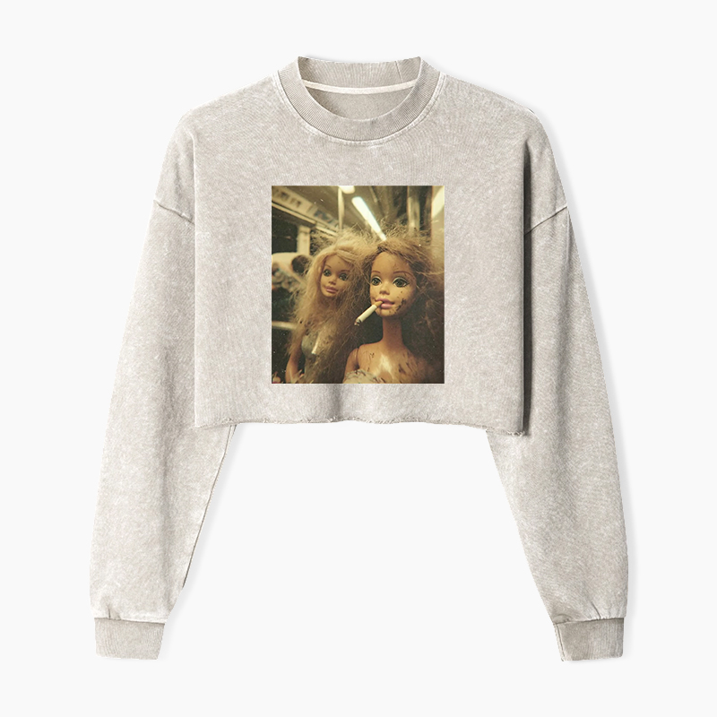 SMOKING BARBIE GIRL SHORT SLEEVED Washed Crop Sweatshirt