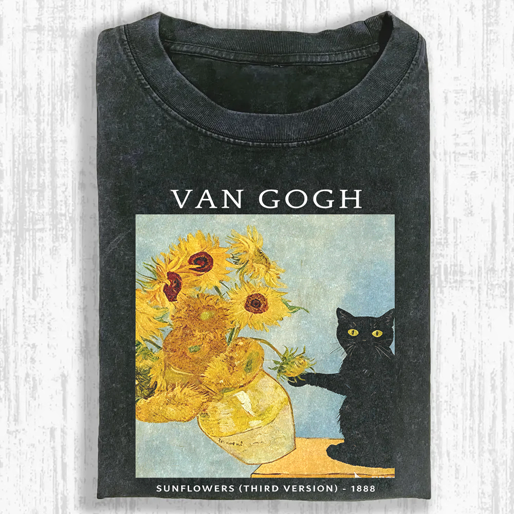 Playful Cat Meets Van Gogh Sunflowers Washed T-shirt