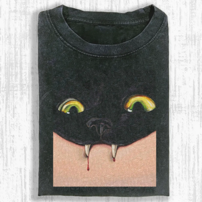 Vampire Cat Fangs Washed T-shirt