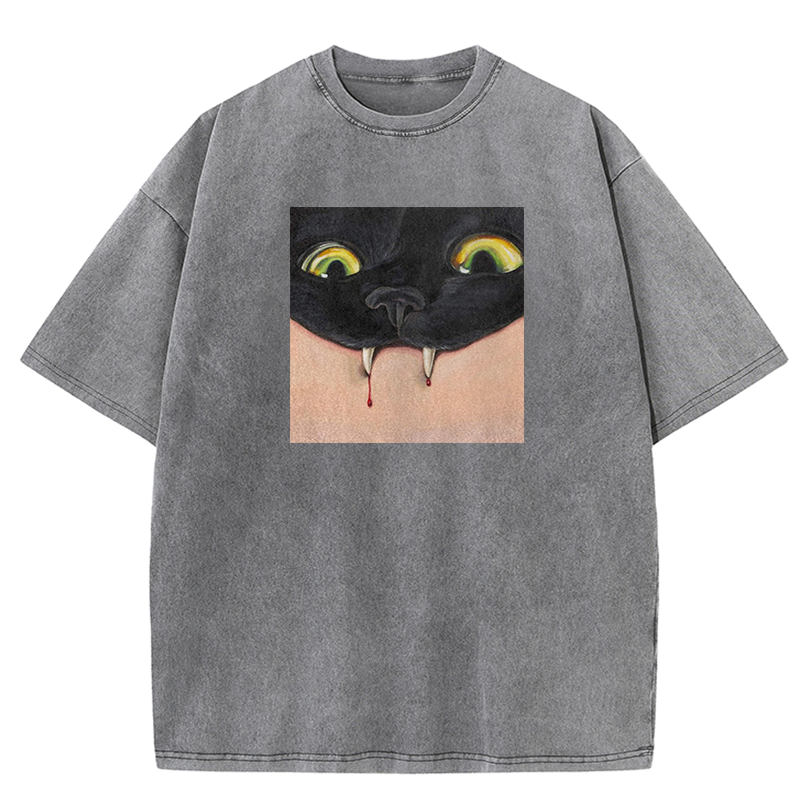 Vampire Cat Fangs Washed T-shirt