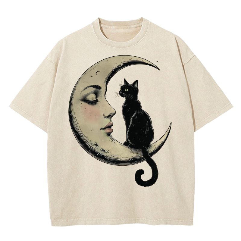 Cat On Moon Graphic Washed T-shirt