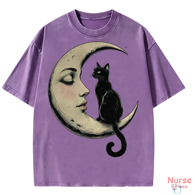 Cat On Moon Graphic Washed T-shirt