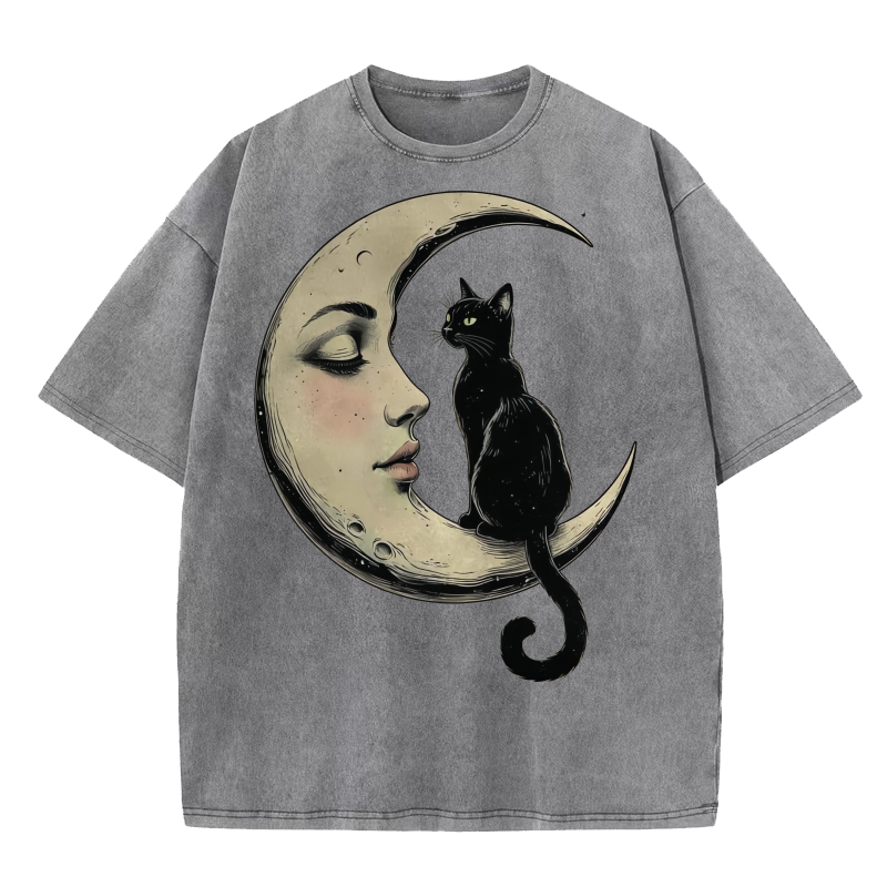 Cat On Moon Graphic Washed T-shirt