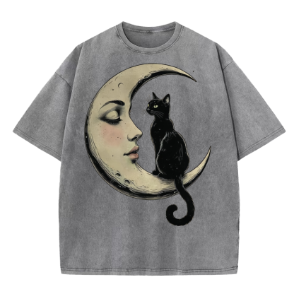 Cat On Moon Graphic Washed T-shirt