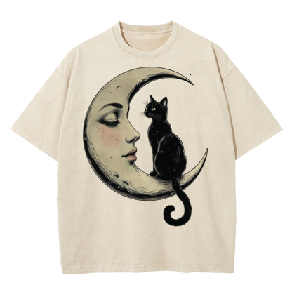 Cat On Moon Graphic Washed T-shirt
