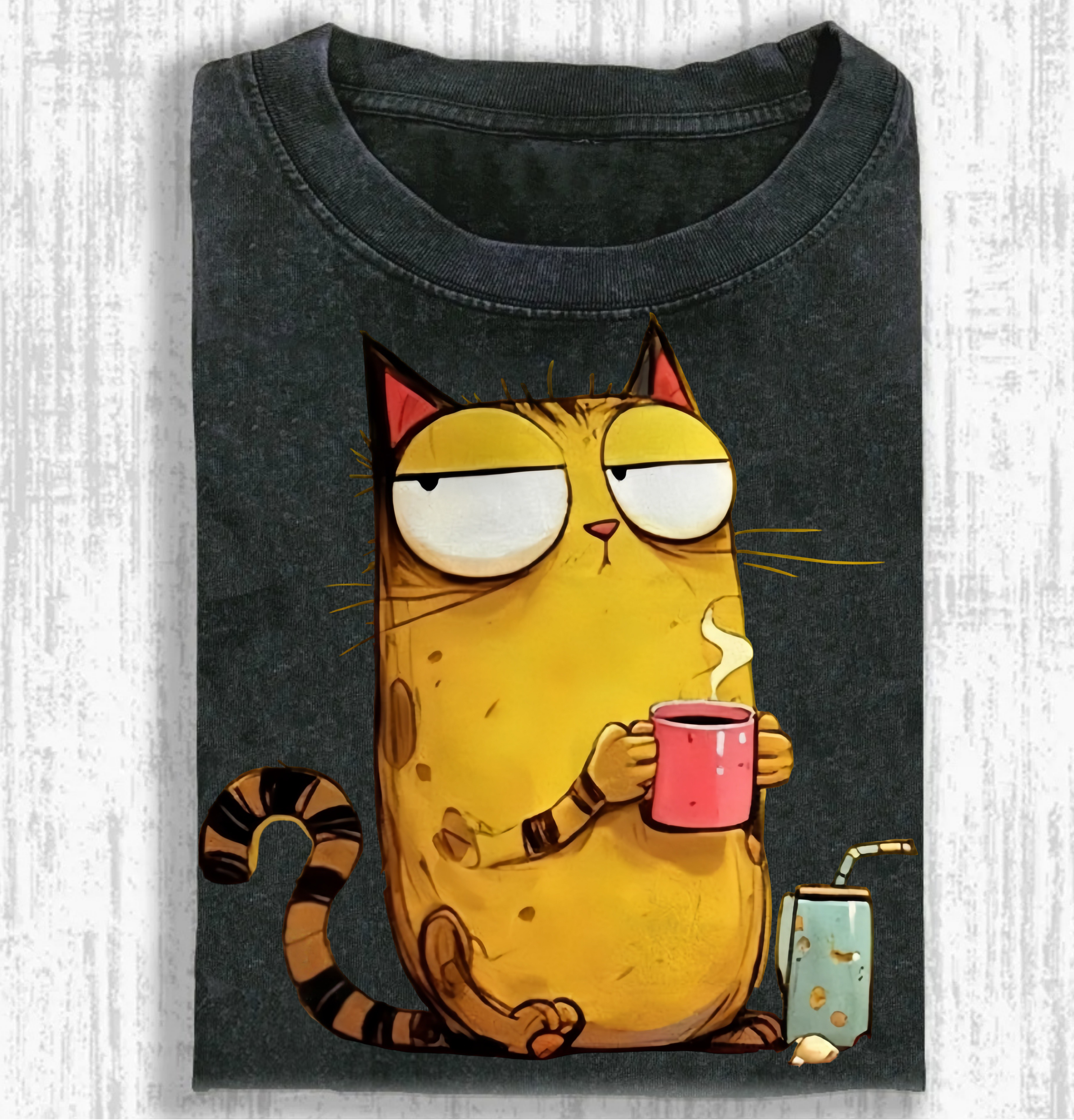 Charming Yellow Cat Drinking Coffee Washed T-shirt