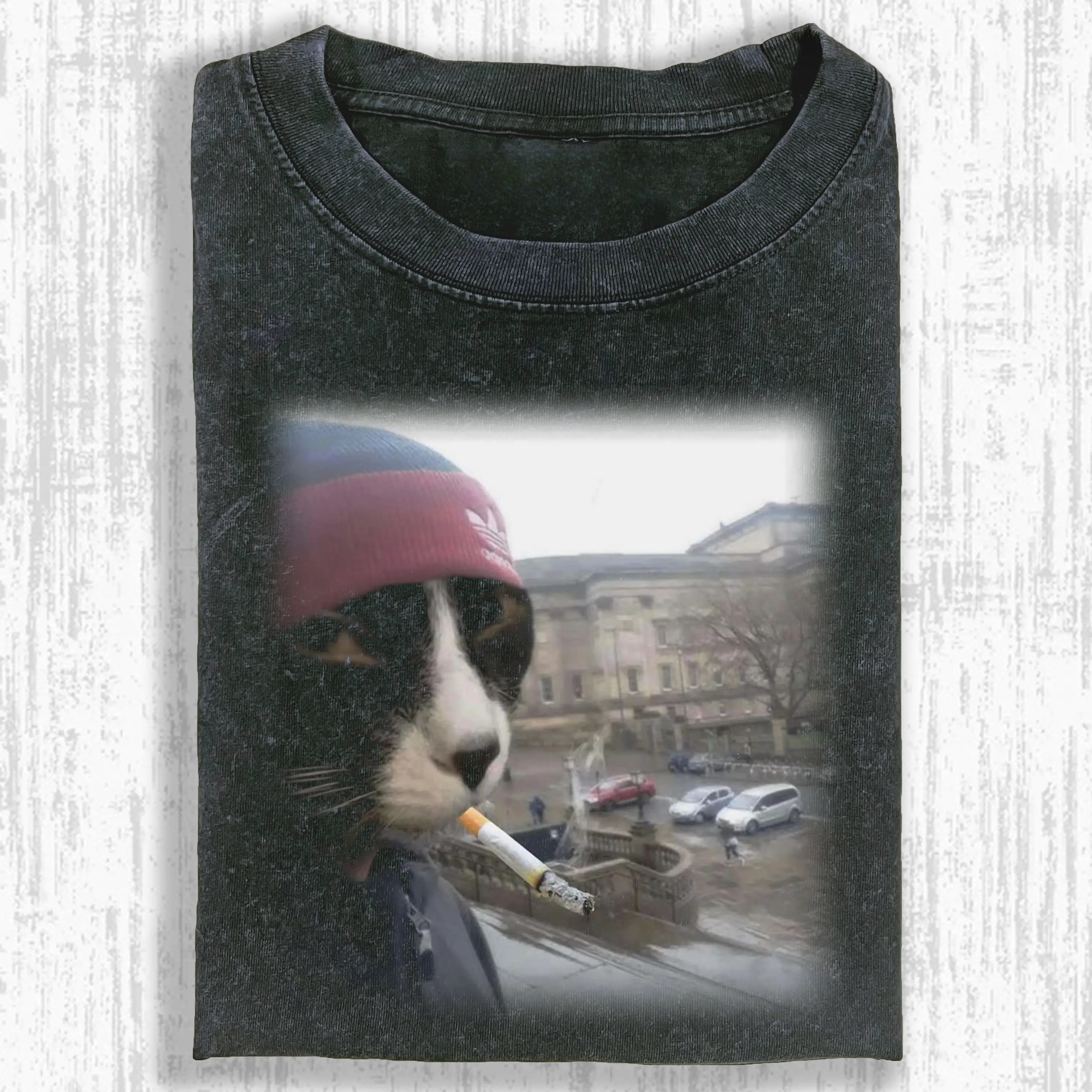 Smoking Chill Cat Washed T-shirt