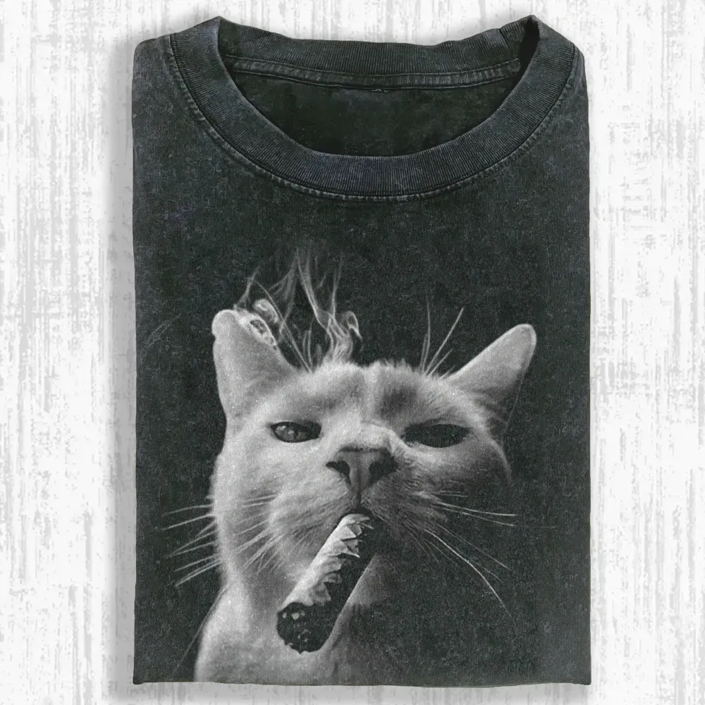 Bossy Cat Smoking Cigar Washed T-shirt
