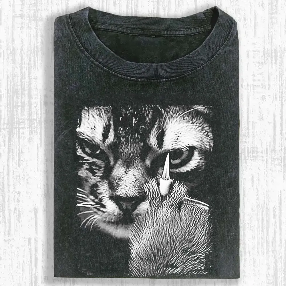 Angry Cat Middle Finger Washed T-shirt