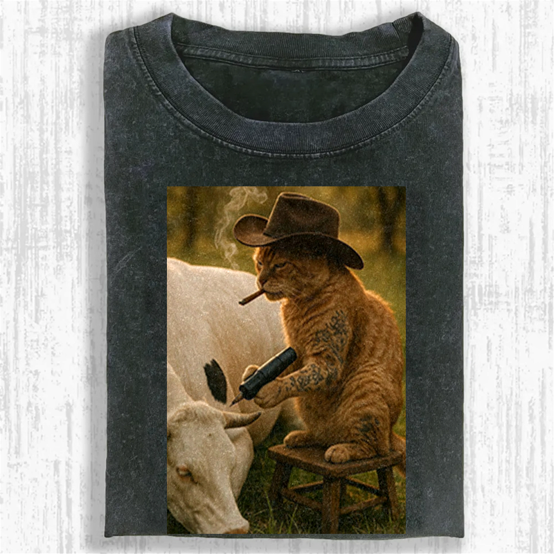 Tattoo Cowboy Cat Washed T-shirt