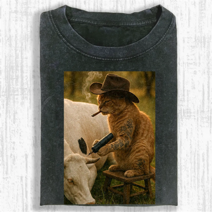 Tattoo Cowboy Cat Washed T-shirt