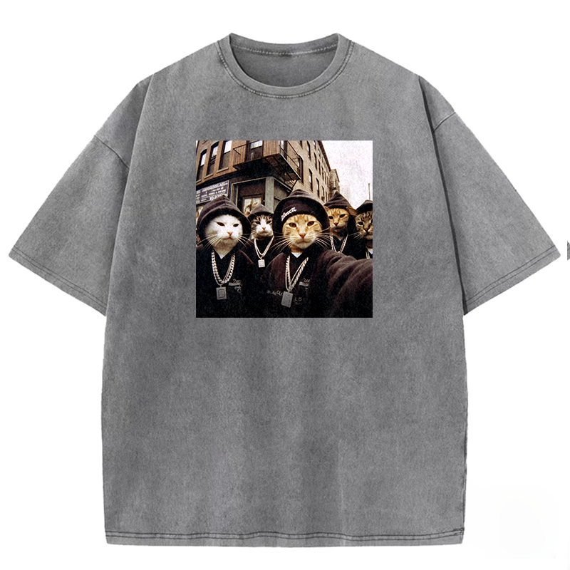 Hip-Hop Purr-crew Washed T-shirt