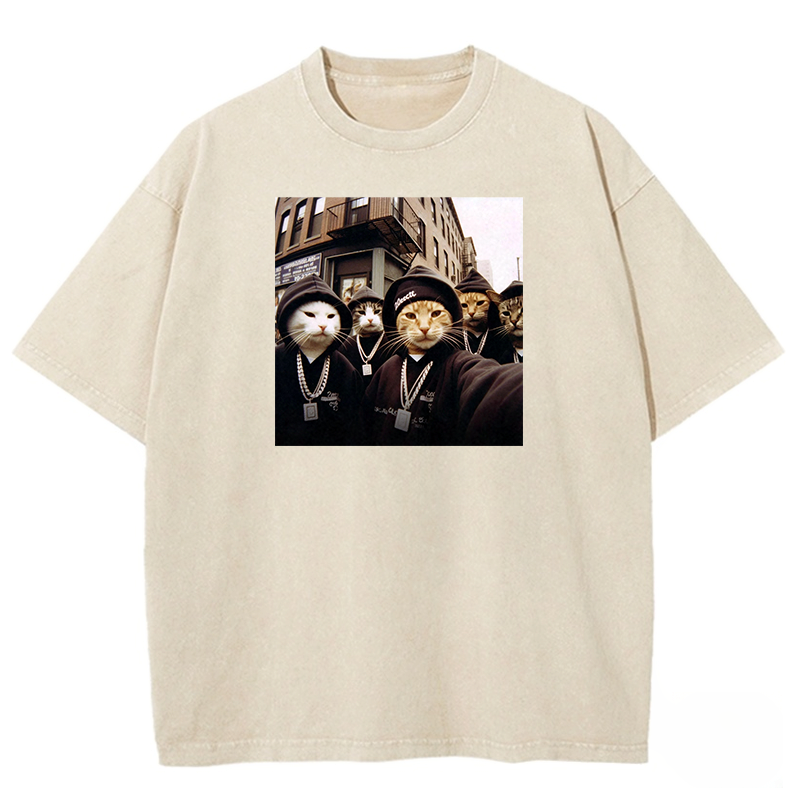 Hip-Hop Purr-crew Washed T-shirt
