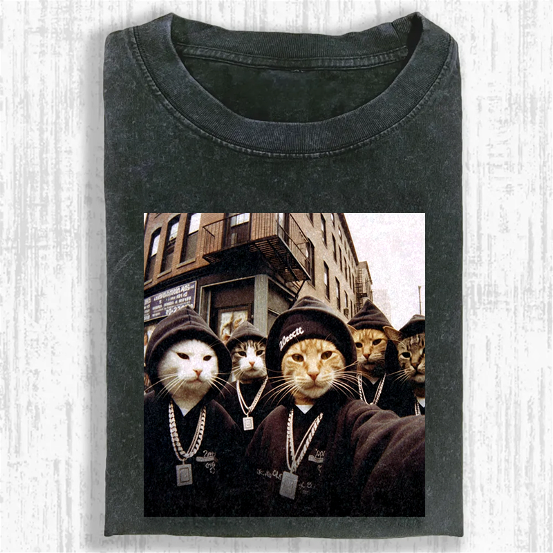 Hip-Hop Purr-crew Washed T-shirt