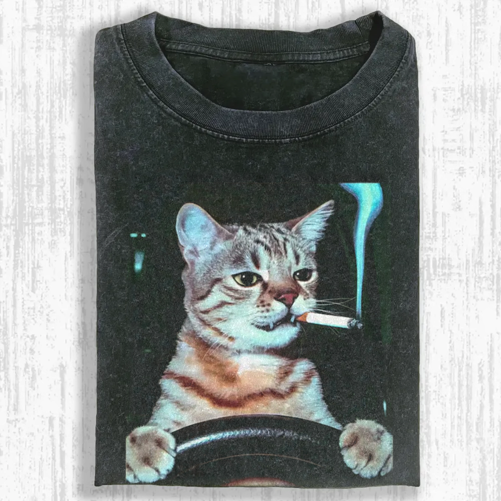 Smoking Cat Washed T-shirt