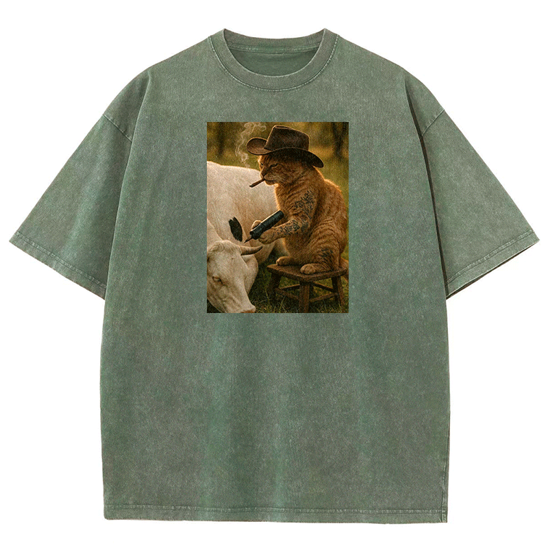 Tattoo Cowboy Cat Washed T-shirt