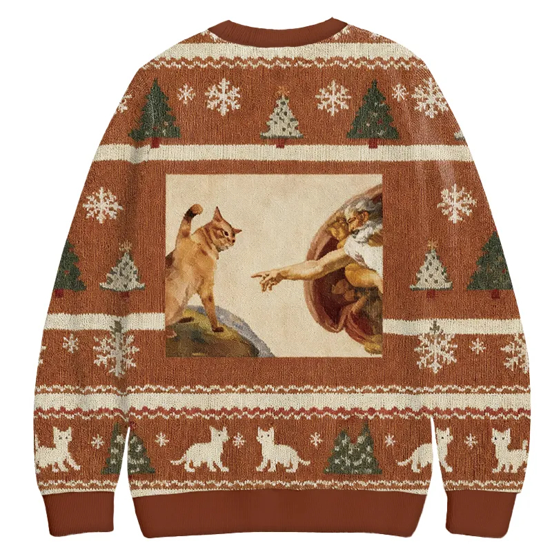 Cat God Creation Of Adam Meme Ugly Christmas Sweatshirt