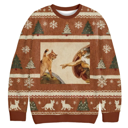 Cat God Creation Of Adam Meme Ugly Christmas Sweatshirt
